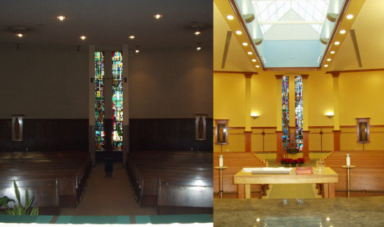 Looking from the altar to the west (before and after)
